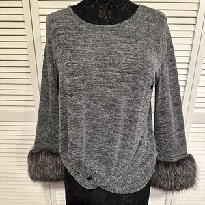 Boston Proper Crew Neck with Fur Sleeves